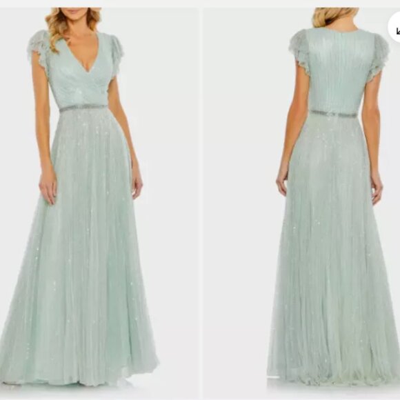 MAC DUGGAL 5502 SEQUINED WRAP OVER RUFFLED CAP SLEEVE SEAMIST GOWN sz 2 - Picture 1 of 6